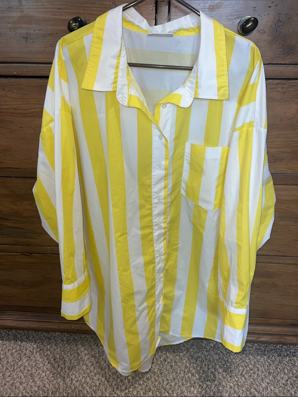 Cabana Yellow and White Vertical Stripe Button-Up Cover Up Dress/Fishing Shirt - Picture 2 of 10